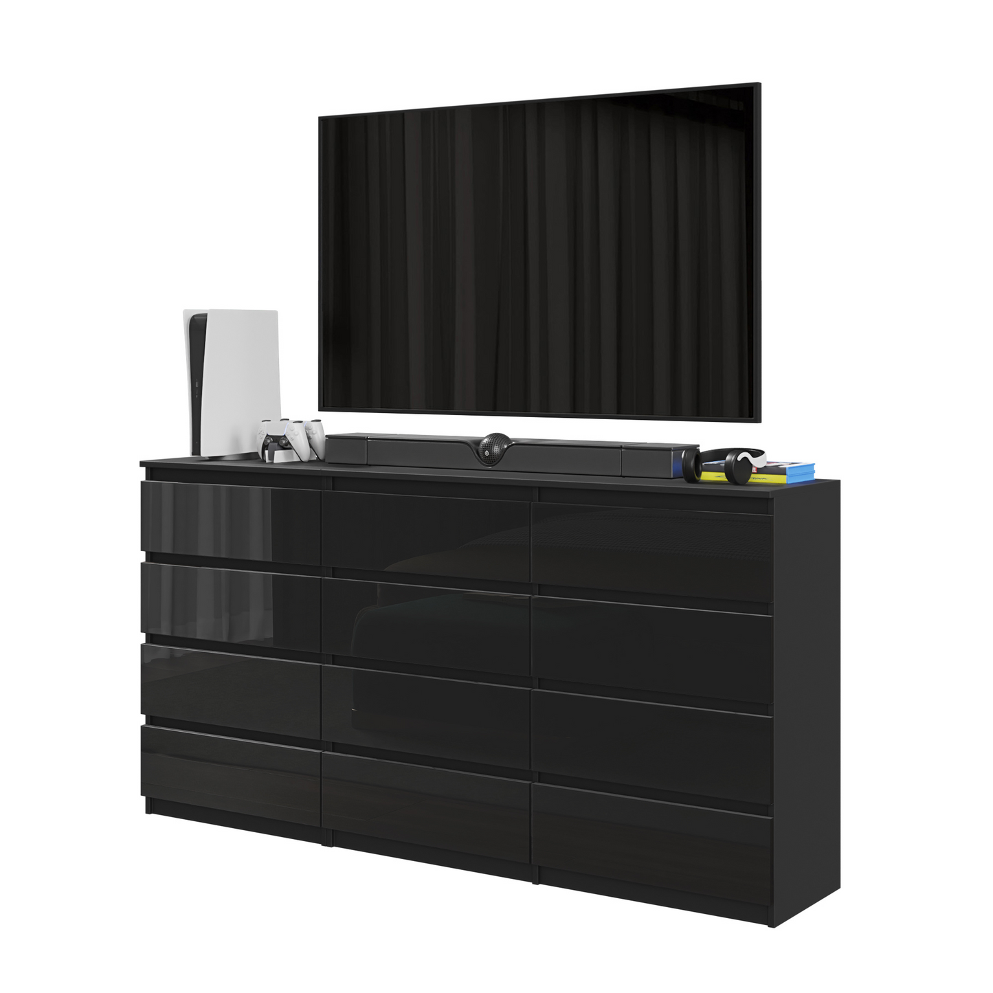 GABRIEL - Kommode / Sideboard mit 12 Schubladen (8+4) - Schwarz Matt / Schwarz Gloss