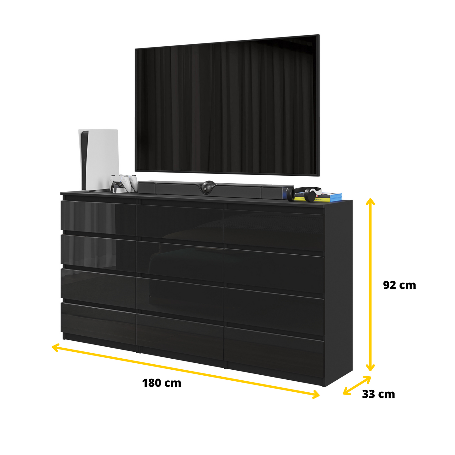 GABRIEL - Kommode / Sideboard mit 12 Schubladen (8+4) - Schwarz Matt / Schwarz Gloss