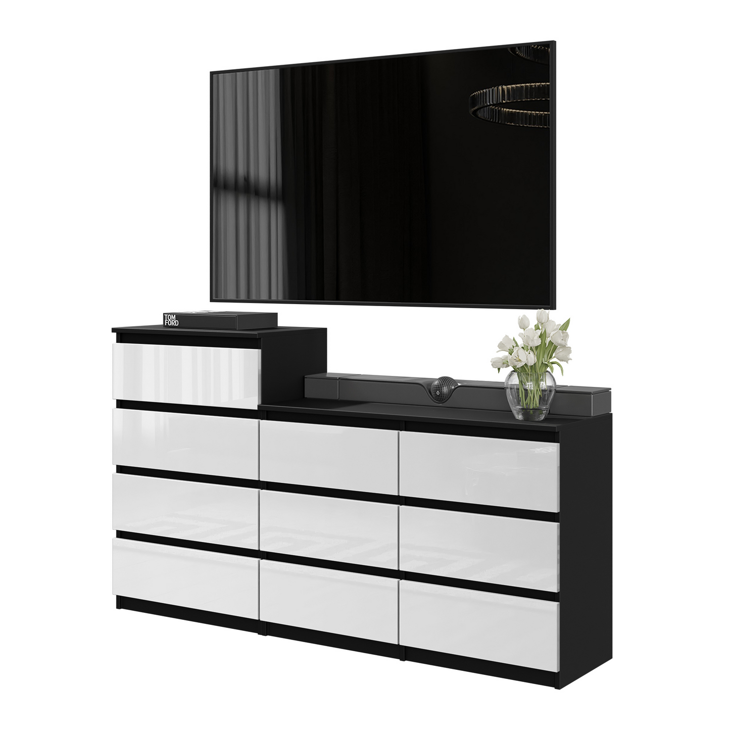 GABRIEL - Kommode / Sideboard mit 10 Schubladen (6+4) - Schwarz Matt / Weiß Gloss