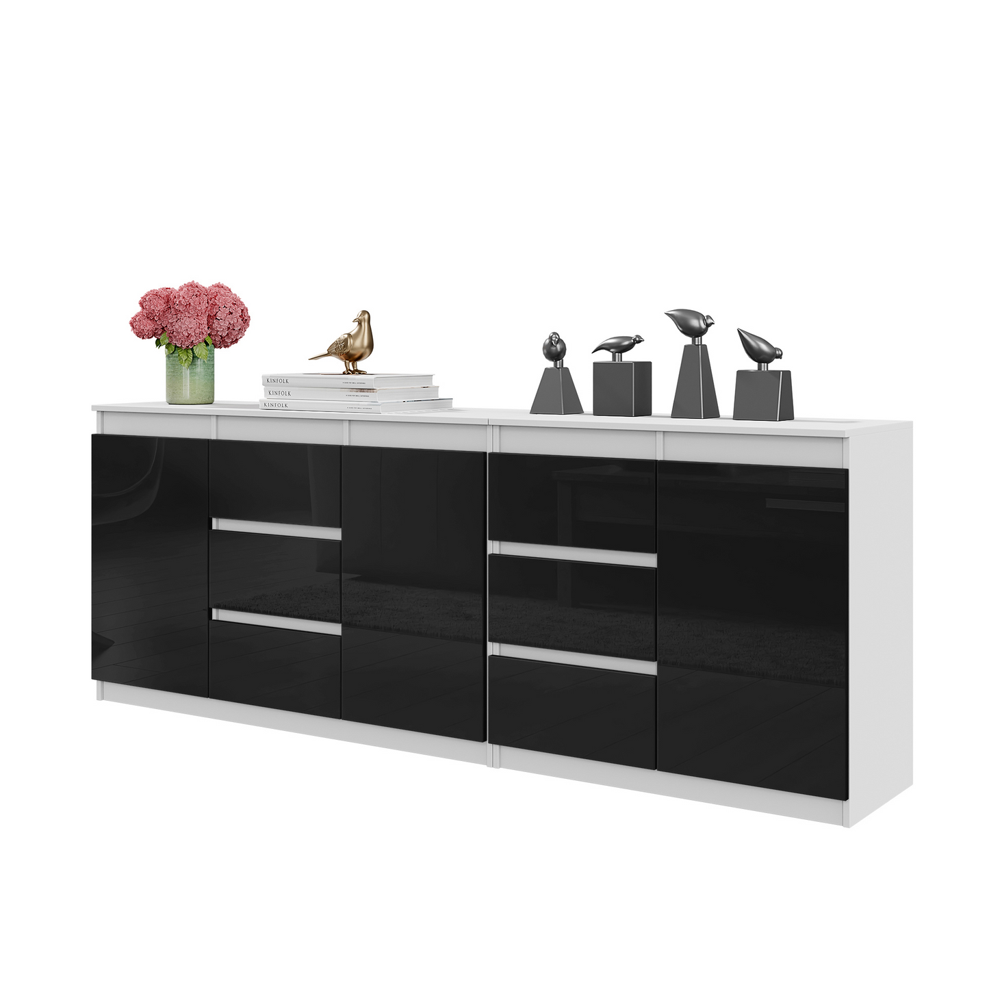 MIKEL - Kommode / Sideboard mit 6 Schubladen und 3 Türen - Weiß Matt / Schwarz Gloss