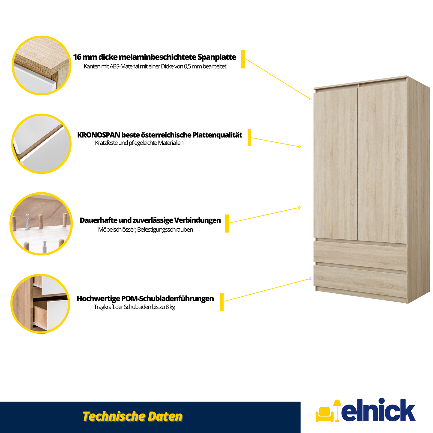 JOELLE - Kleiderschrank mit 2 Türen und 2 Schubladen -  Sonoma Eiche