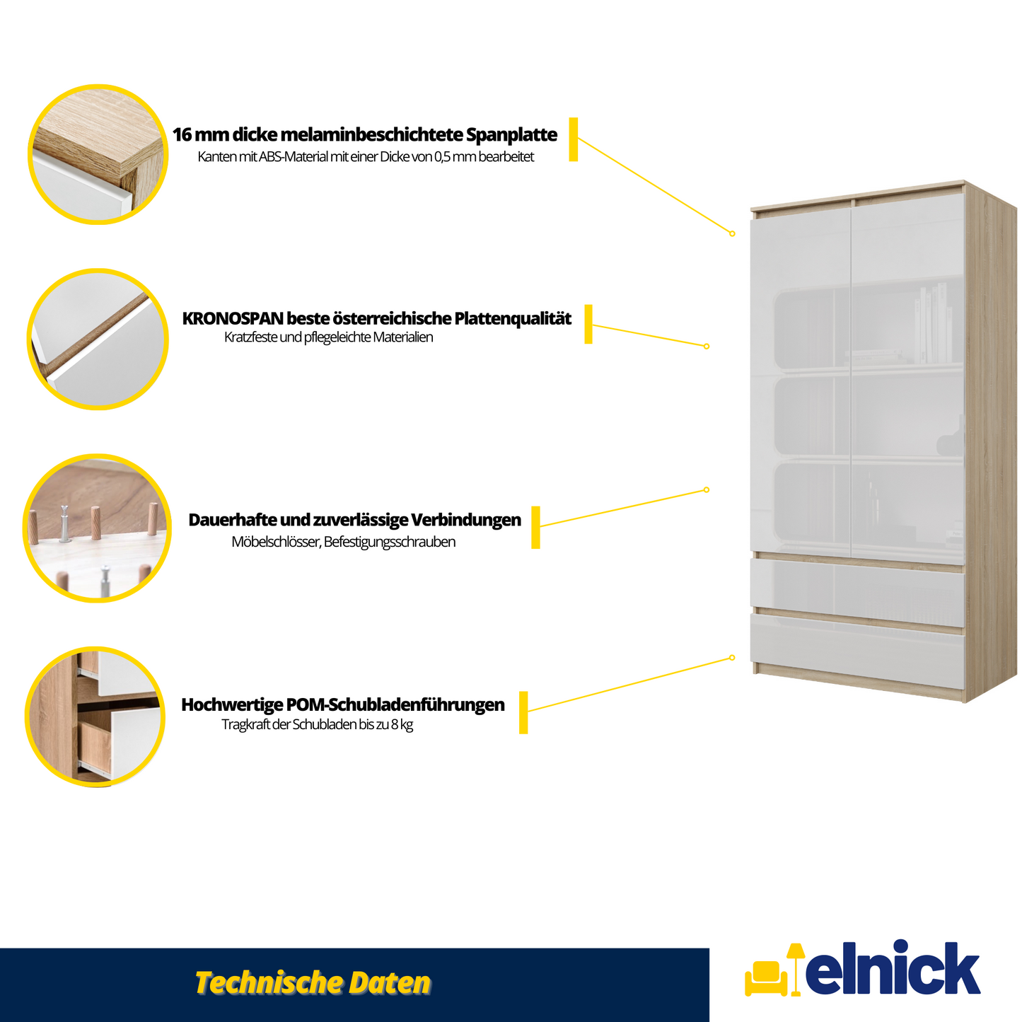 JOELLE - Kleiderschrank mit 2 Türen und 2 Schubladen - Sonoma Eiche / Weiß Gloss