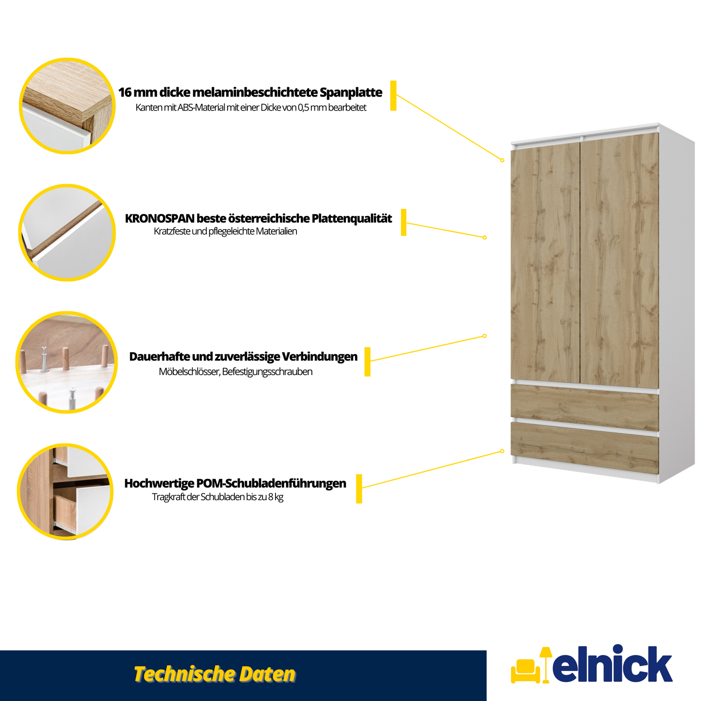 JOELLE - Kleiderschrank mit 2 Türen und 2 Schubladen - Weiß Matt / Wotan Eiche