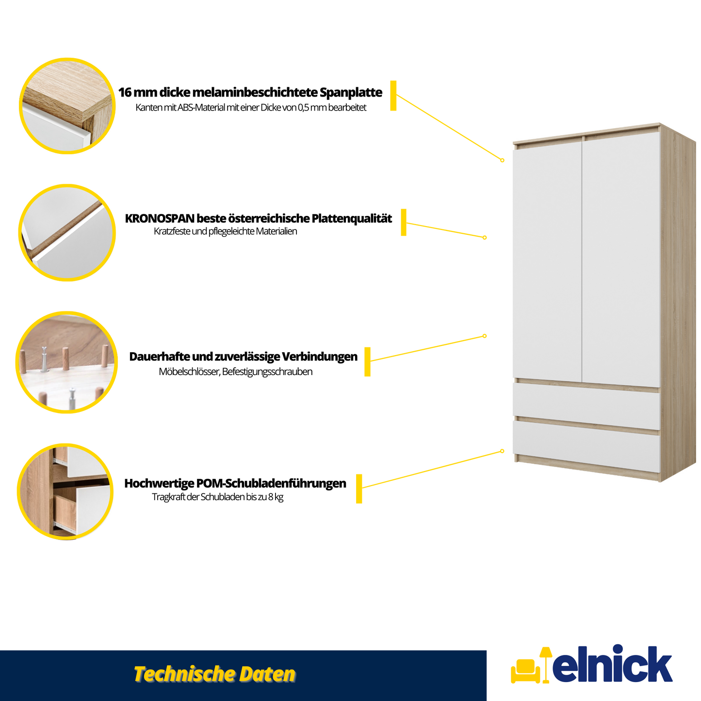 JOELLE - Kleiderschrank mit 2 Türen und 2 Schubladen -  Sonoma Eiche / Weiß Matt