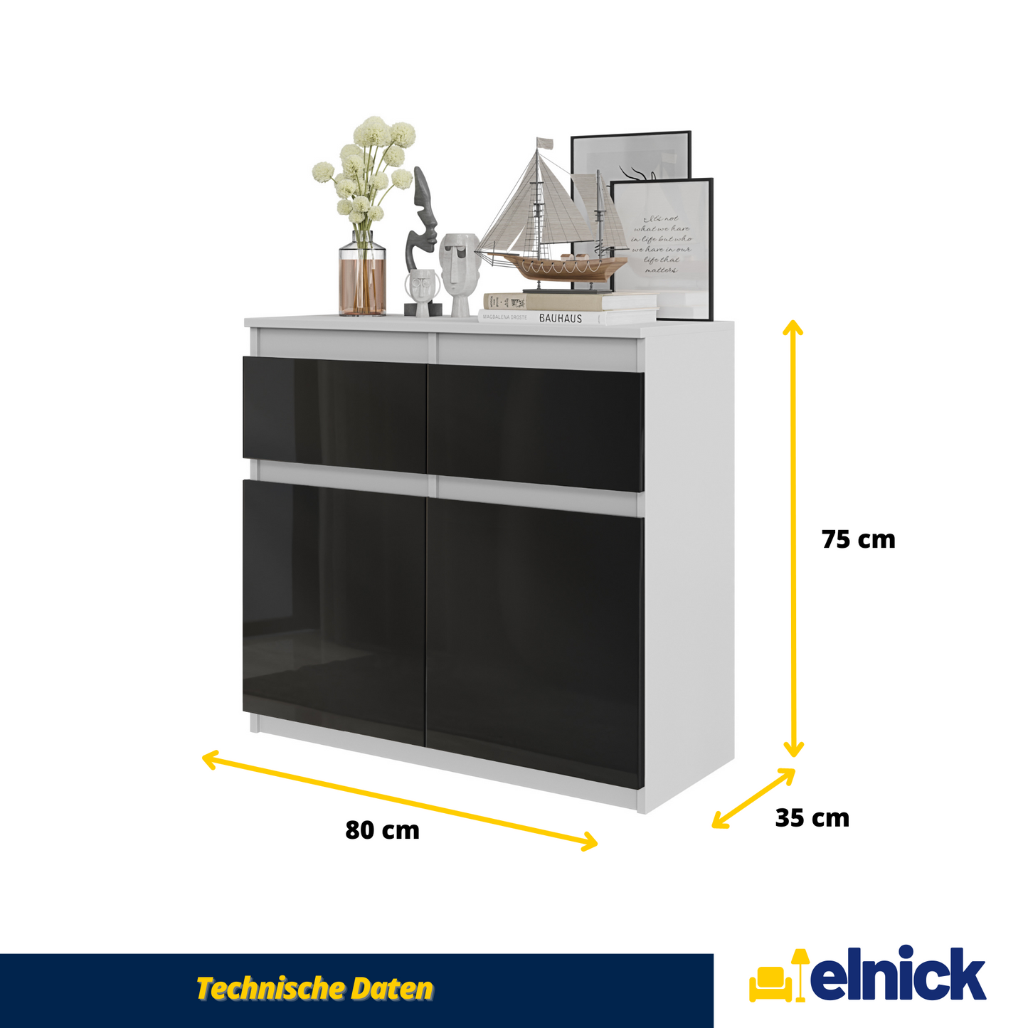 NOAH - Kommode / Sideboard mit 2 Schubladen und 2 Türen - Weiß Matt / Schwarz Gloss