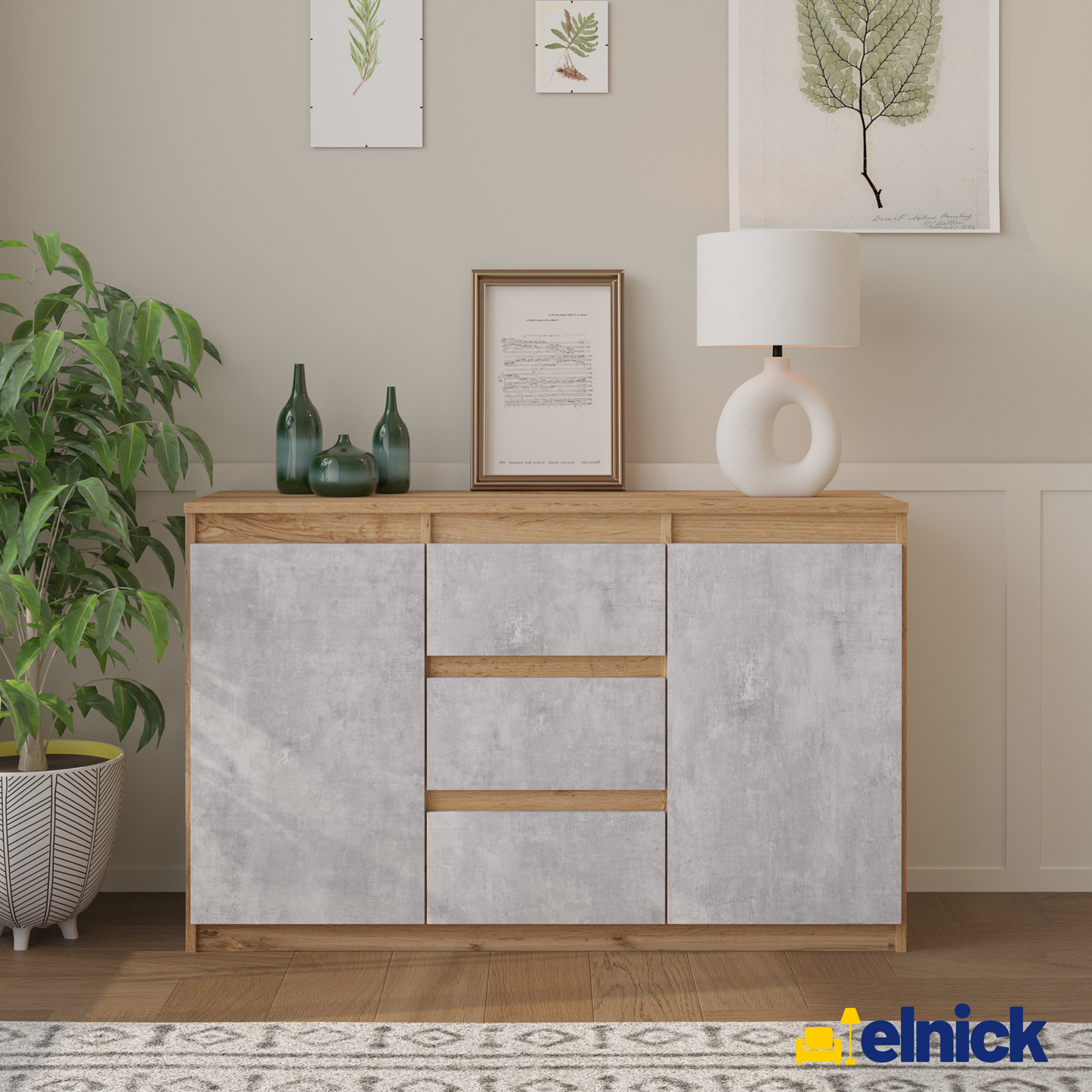 MIKEL - Kommode / Sideboard mit 3 Schubladen und 2 Türen - Wotan Eiche / Beton-Optik