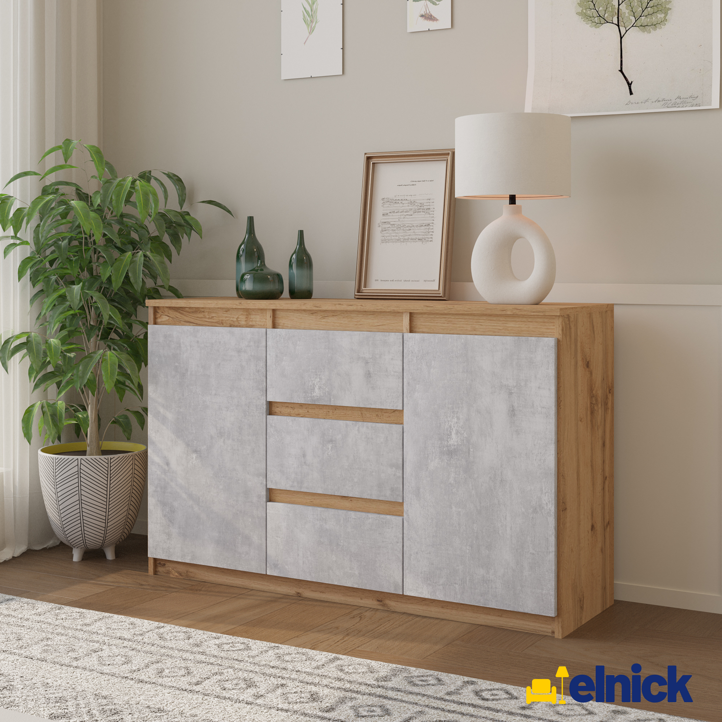 MIKEL - Kommode / Sideboard mit 3 Schubladen und 2 Türen - Wotan Eiche / Beton-Optik