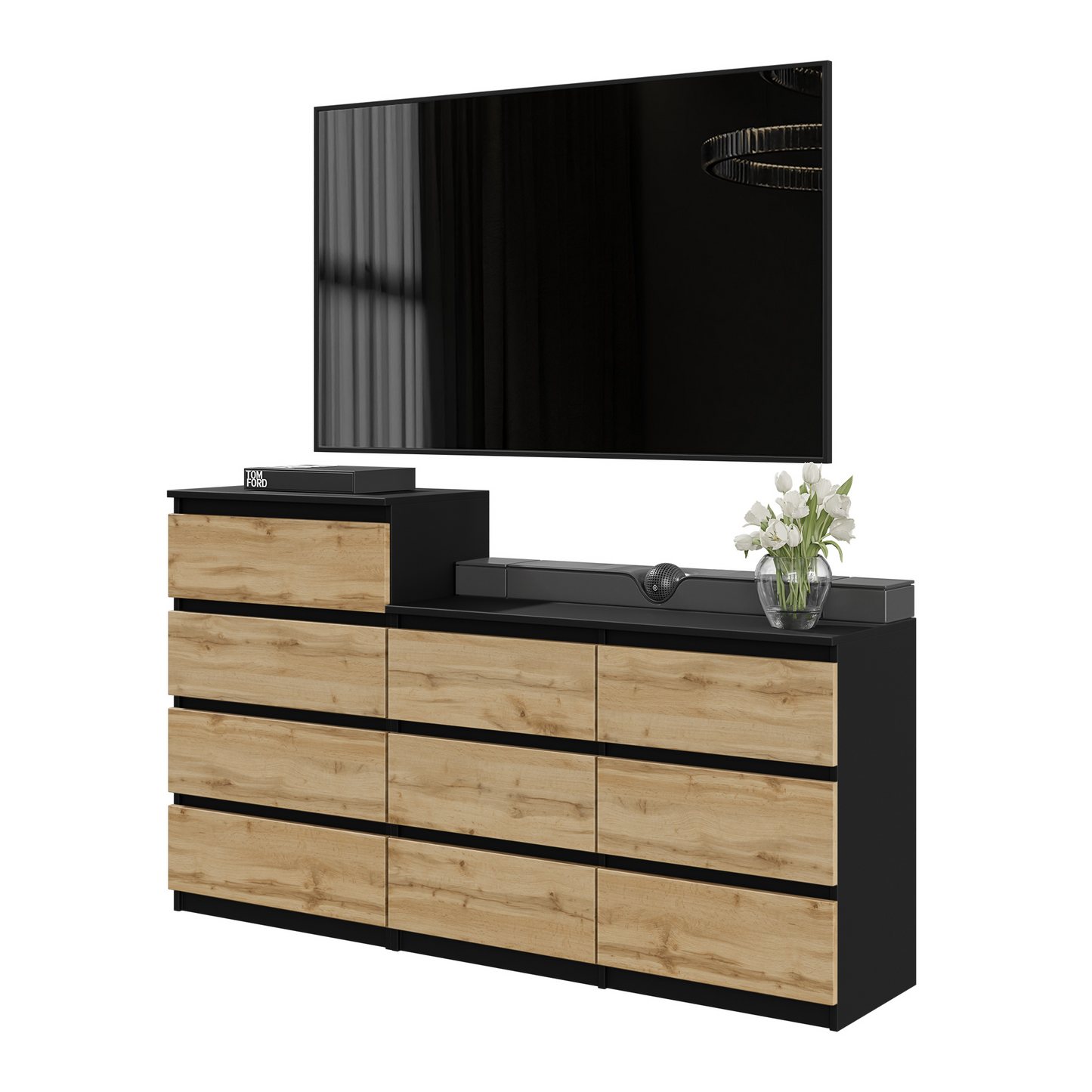 GABRIEL - Kommode / Sideboard mit 10 Schubladen (6+4) - Schwarz Matt / Wotan Eiche