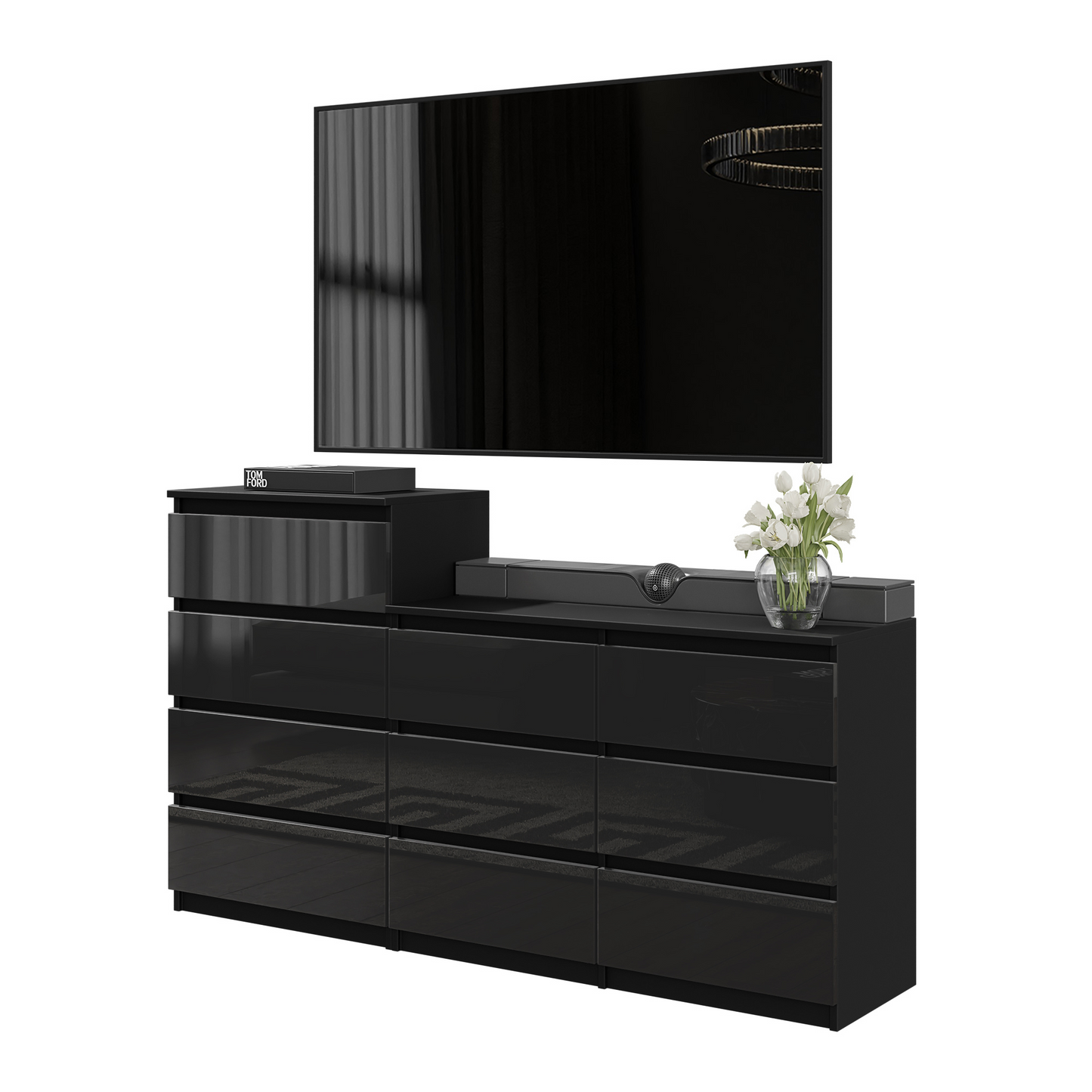 GABRIEL - Kommode / Sideboard mit 10 Schubladen (6+4) - Schwarz Matt / Schwarz Gloss