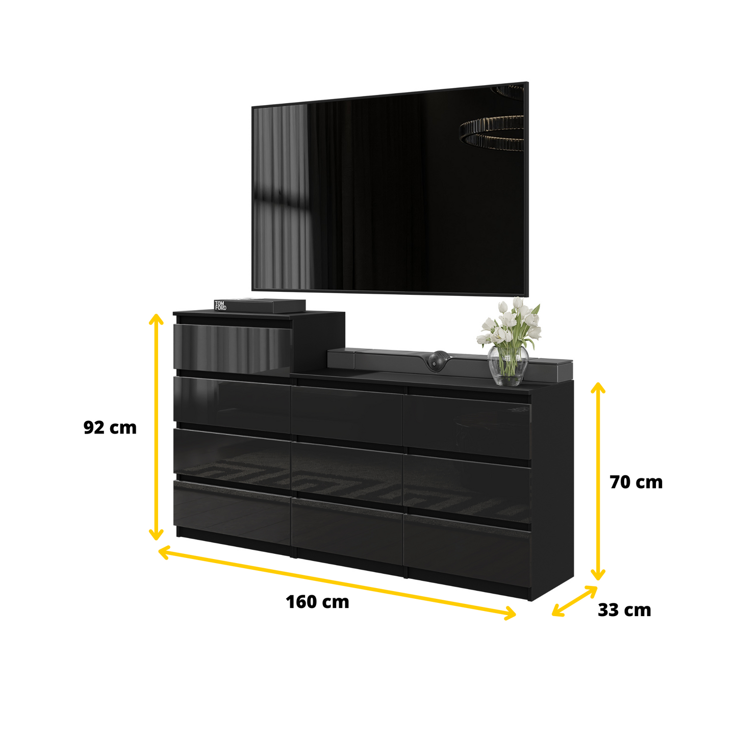 GABRIEL - Kommode / Sideboard mit 10 Schubladen (6+4) - Schwarz Matt / Schwarz Gloss