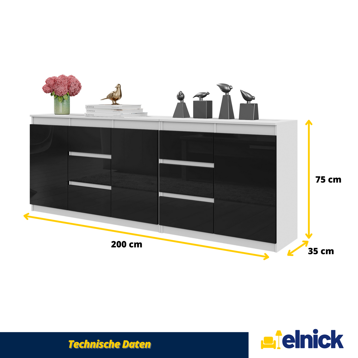 MIKEL - Kommode / Sideboard mit 6 Schubladen und 3 Türen - Weiß Matt / Schwarz Gloss