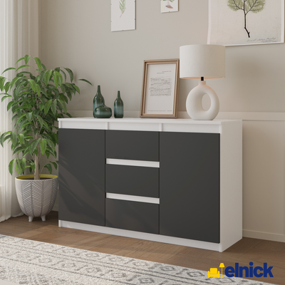 MIKEL - Kommode / Sideboard mit 3 Schubladen und 2 Türen - Weiß Matt / Athrazit Grau