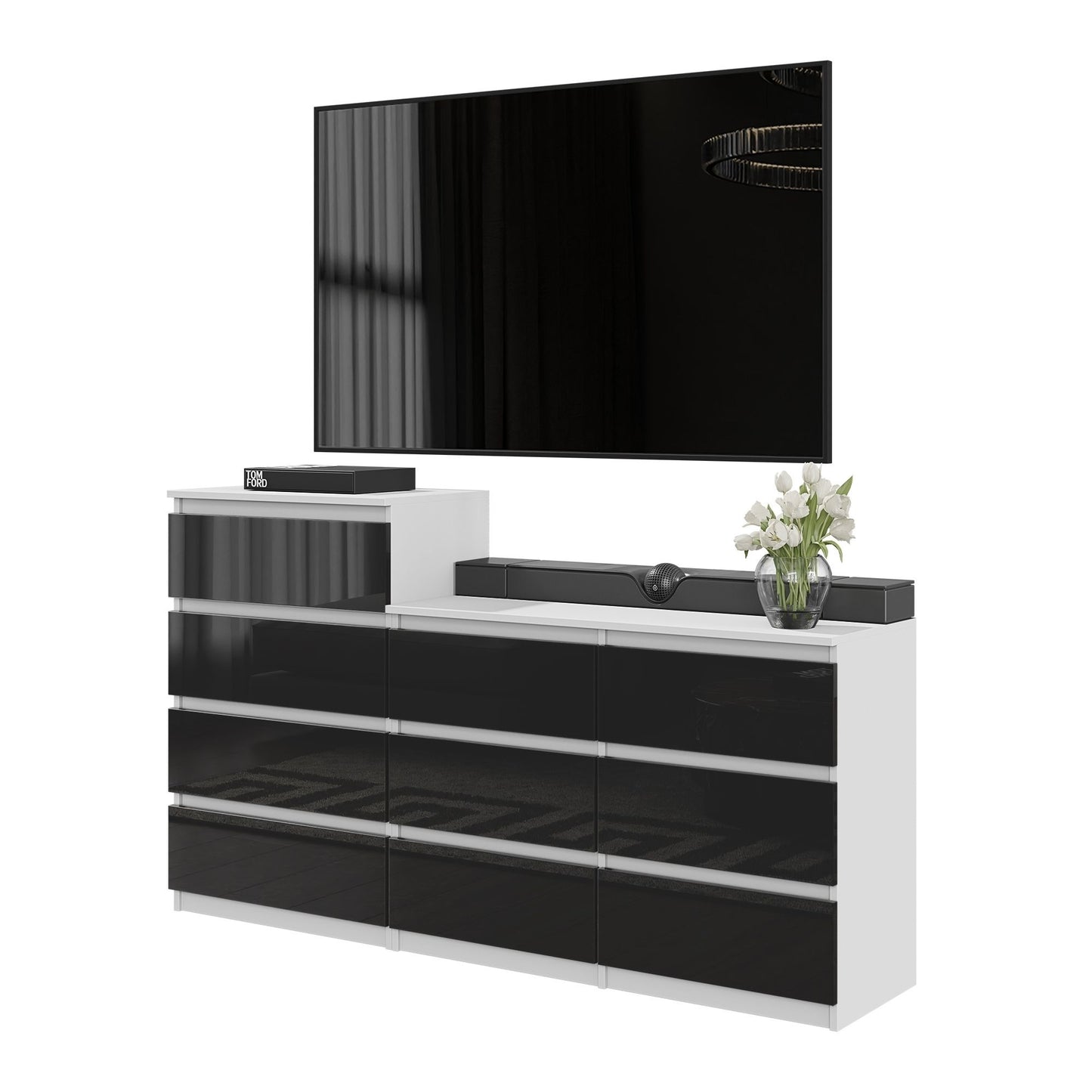 GABRIEL - Kommode / Sideboard mit 10 Schubladen (6+4) - Weiß Matt / Schwarz Gloss