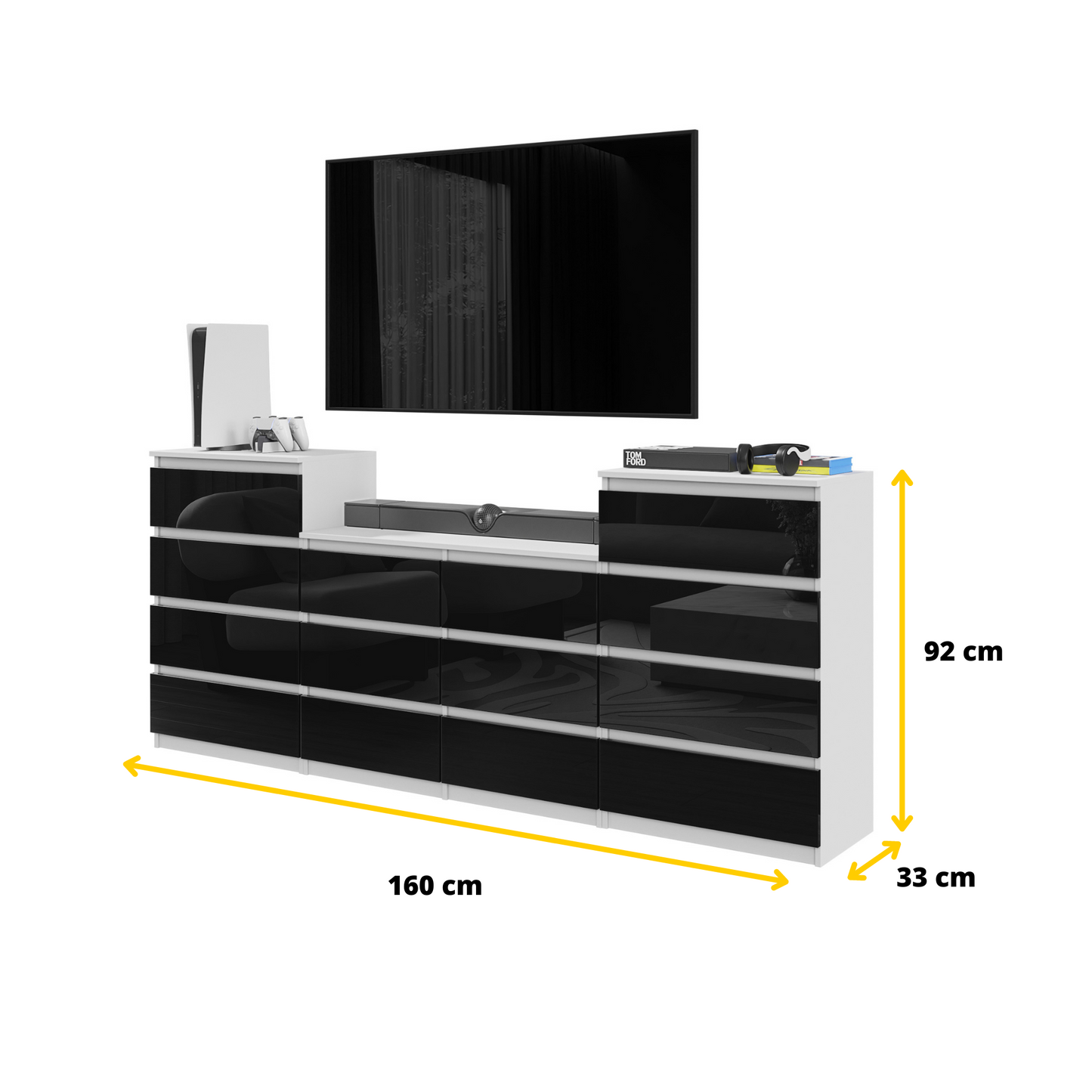 GABRIEL - Kommode / Sideboard mit 14 Schubladen (4+6+4) -  Weiß Matt / Schwarz Gloss