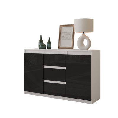 MIKEL - Kommode / Sideboard mit 3 Schubladen und 2 Türen - Weiß Matt / Schwarz Gloss