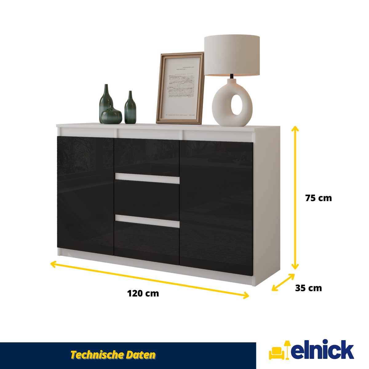 Kommode 120cm 3S Weiß Matt/Schwarz Gloss – MIKEL – Elnick