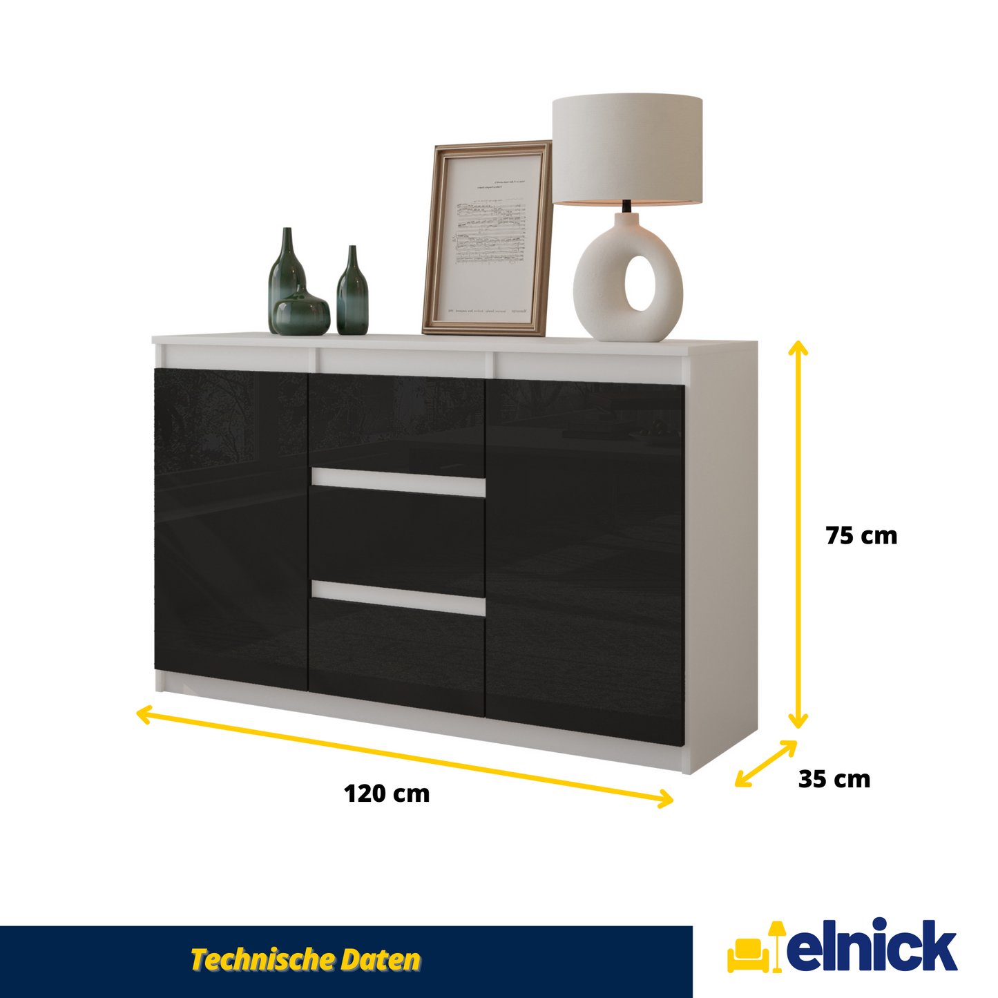 MIKEL - Kommode / Sideboard mit 3 Schubladen und 2 Türen - Weiß Matt / Schwarz Gloss