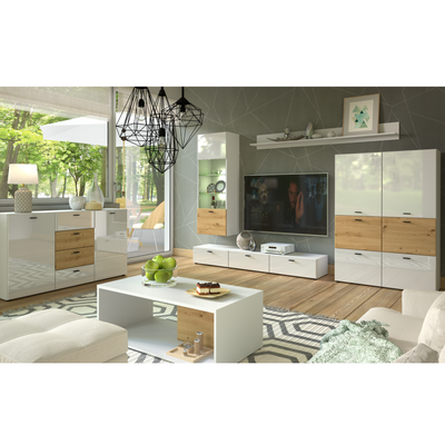 Wohnwand MILA - Wohnzimmer-Möbel-Set - Eiche Artisan / Weiß Gloss