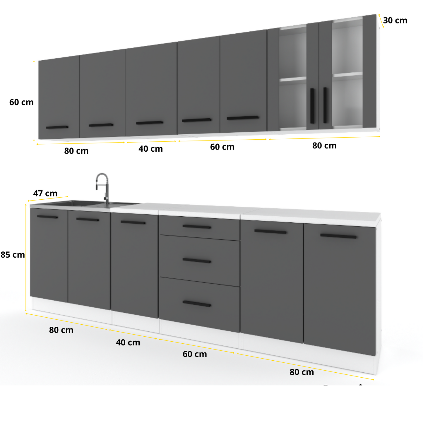 RENO - Küchenblock - Weiß Matt / Beton mit Arbeitsplatte - 8 Schränke - 260 cm