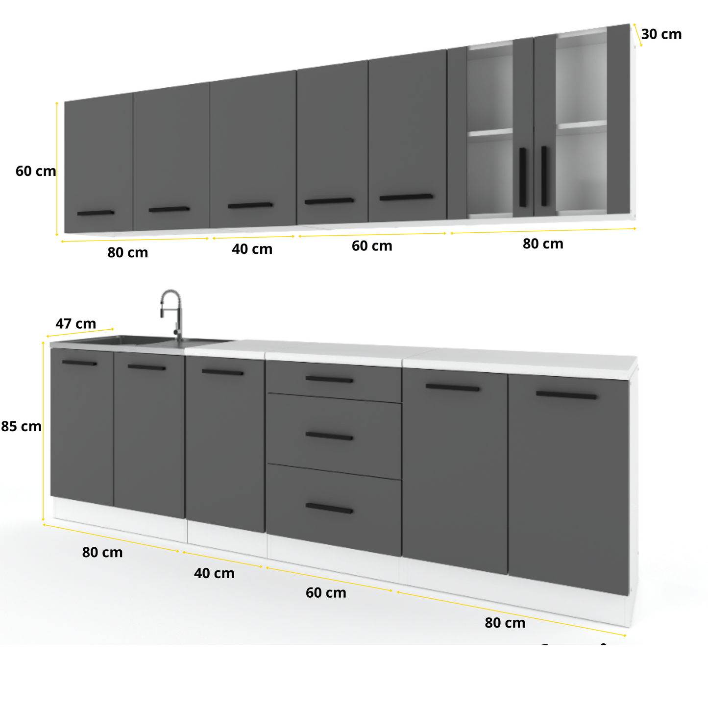 RENO - Küchenblock - Anthrazit / Weiß Matt mit Arbeitsplatte - 8 Schränke - 260 cm