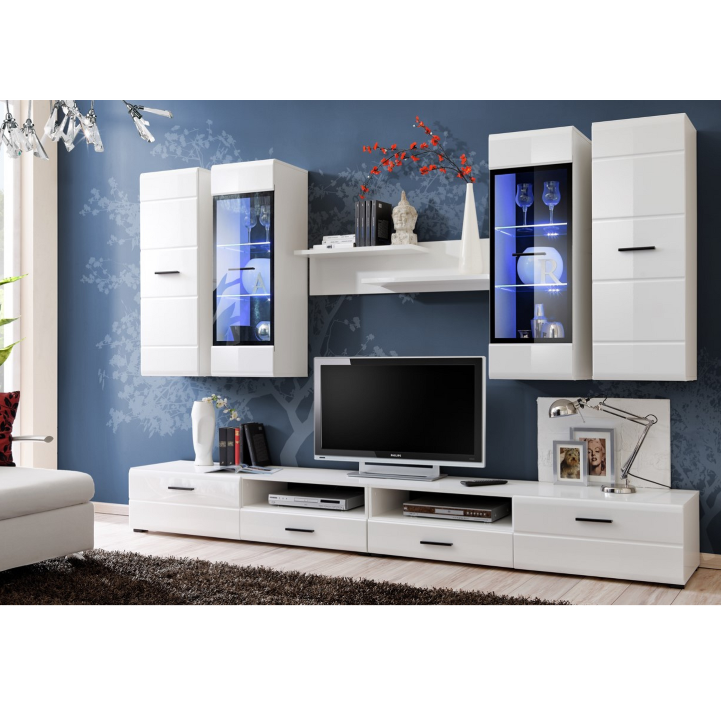 Wohnwand LAUREN - Wohnzimmer-Möbel-Set - Weiß Matt / Weiß Gloss