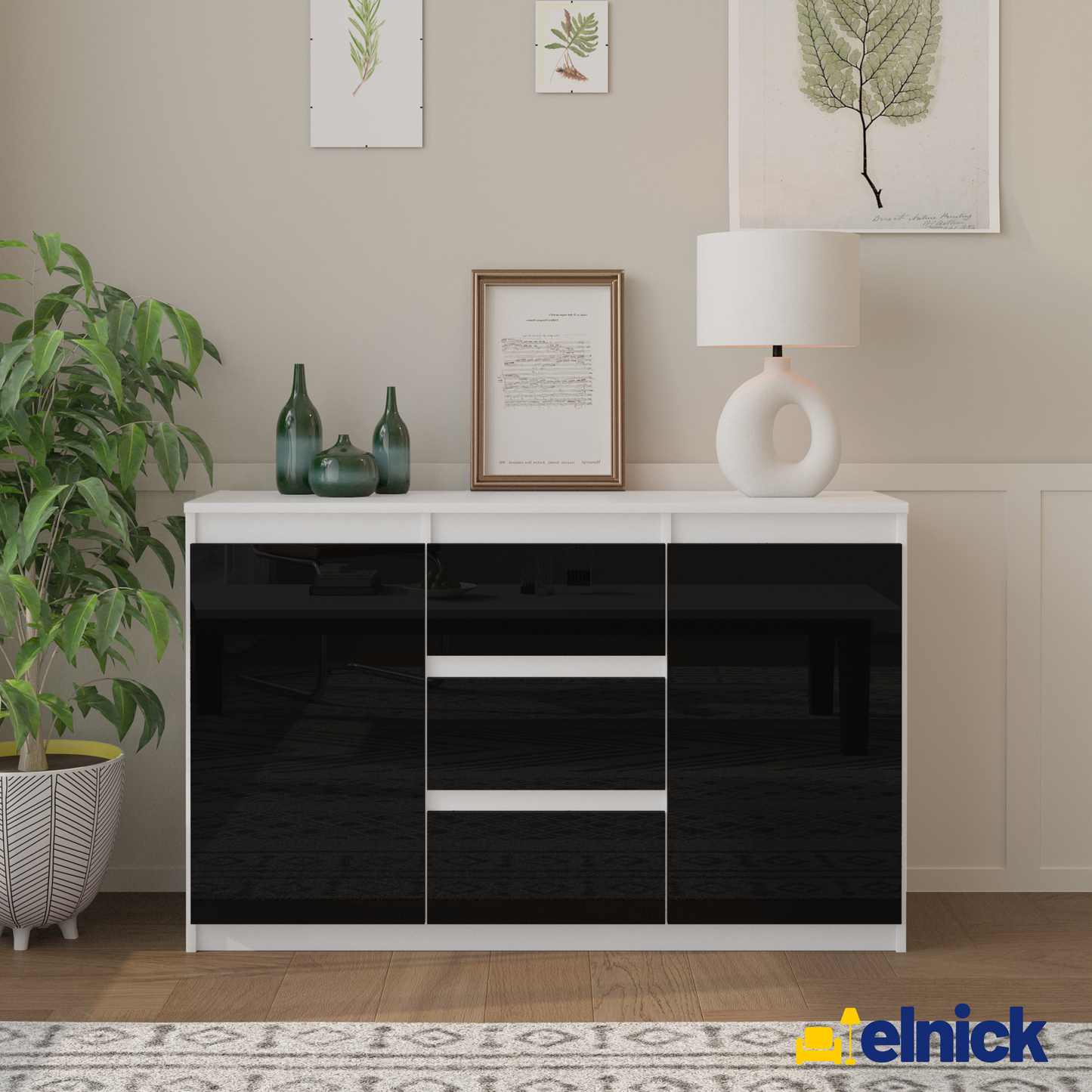 MIKEL - Kommode / Sideboard mit 3 Schubladen und 2 Türen - Weiß Matt / Schwarz Gloss