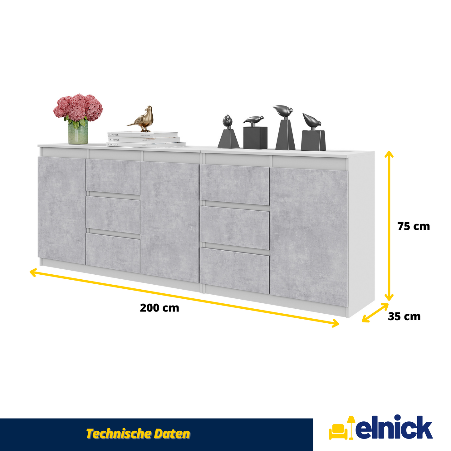 MIKEL - Kommode / Sideboard mit 6 Schubladen und 3 Türen - Weiß Matt / Beton-Optik