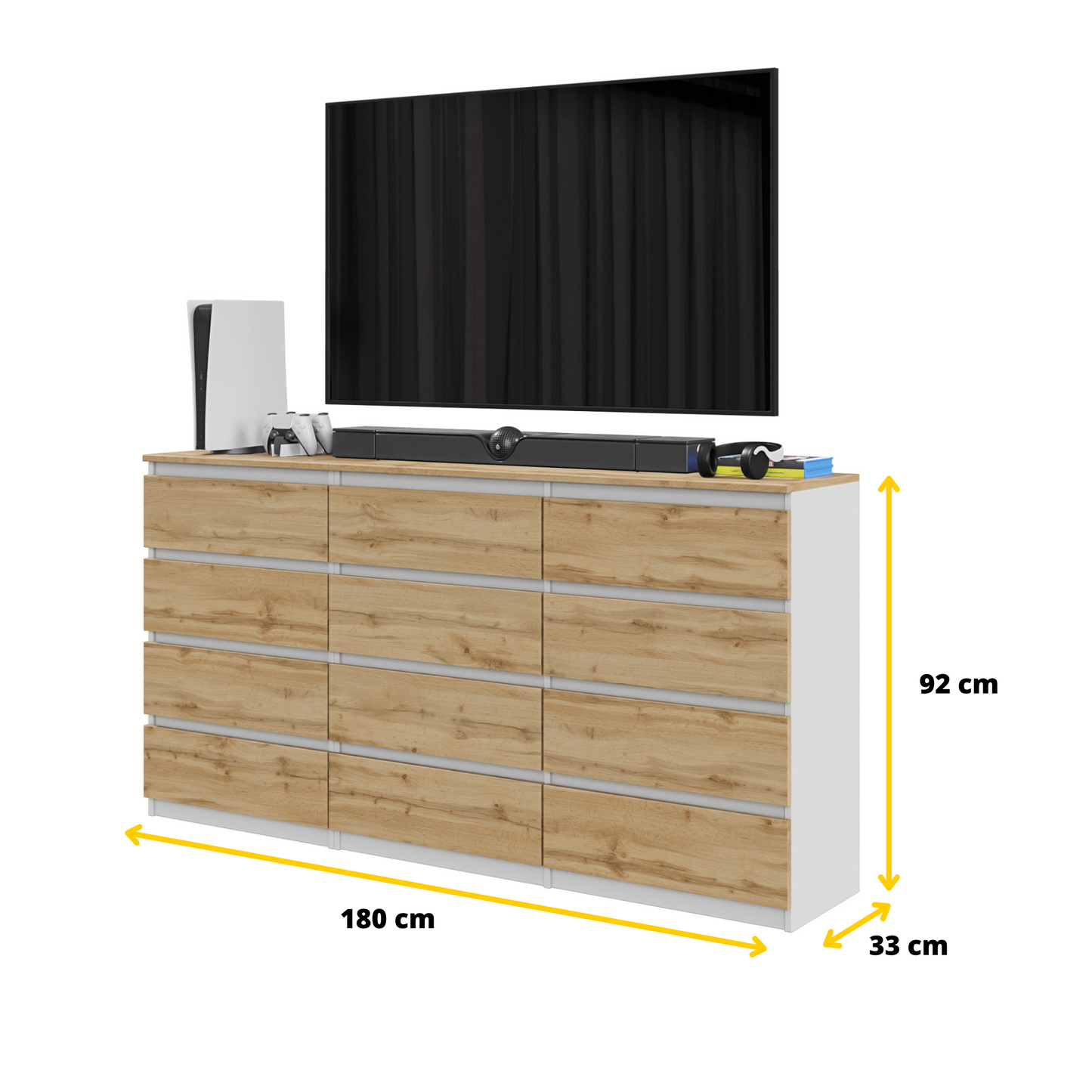 GABRIEL - Kommode / Sideboard mit 12 Schubladen (8+4) - Weiß Matt / Wotan Eiche