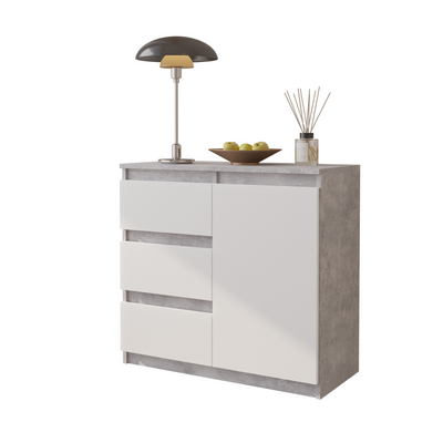 MIKEL - Kommode / Sideboard mit 3 Schubladen und 1 Tür - Beton-Optik / Weiß Matt