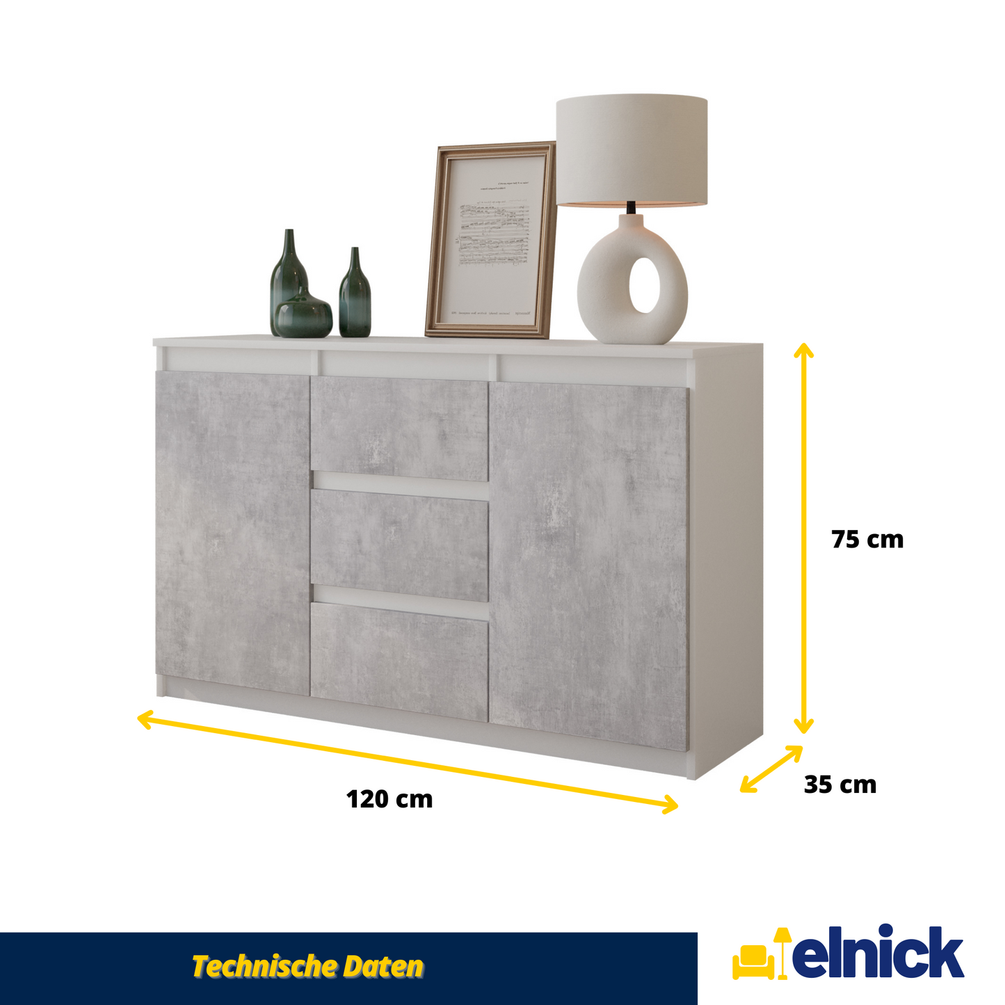 MIKEL - Kommode / Sideboard mit 3 Schubladen und 2 Türen - Weiß Matt / Beton-Optik