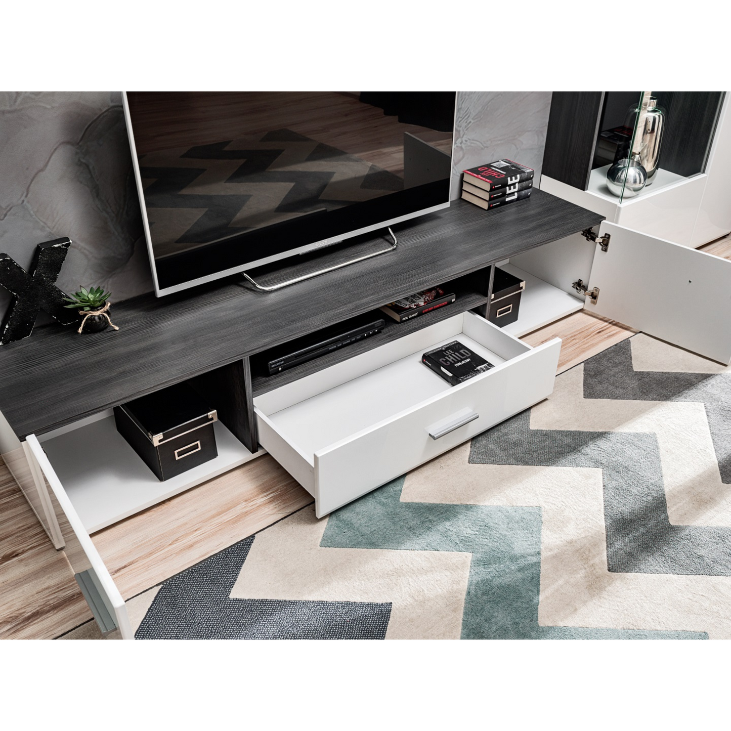 Wohnwand SOLIDO TWIN - Wohnzimmer-Möbel-Set - Norwegische Kiefer / Weiß Gloss
