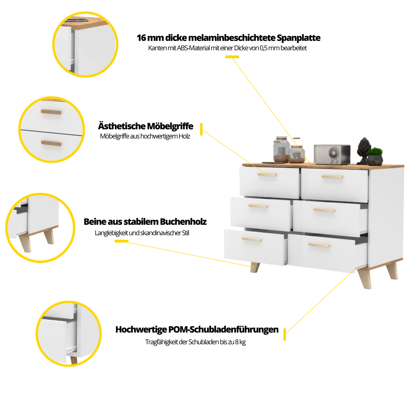 INGRID - Skandinavisch Kommode / Sideboard  mit 6 Schubladen - Weiß Matt / Wotan Eiche