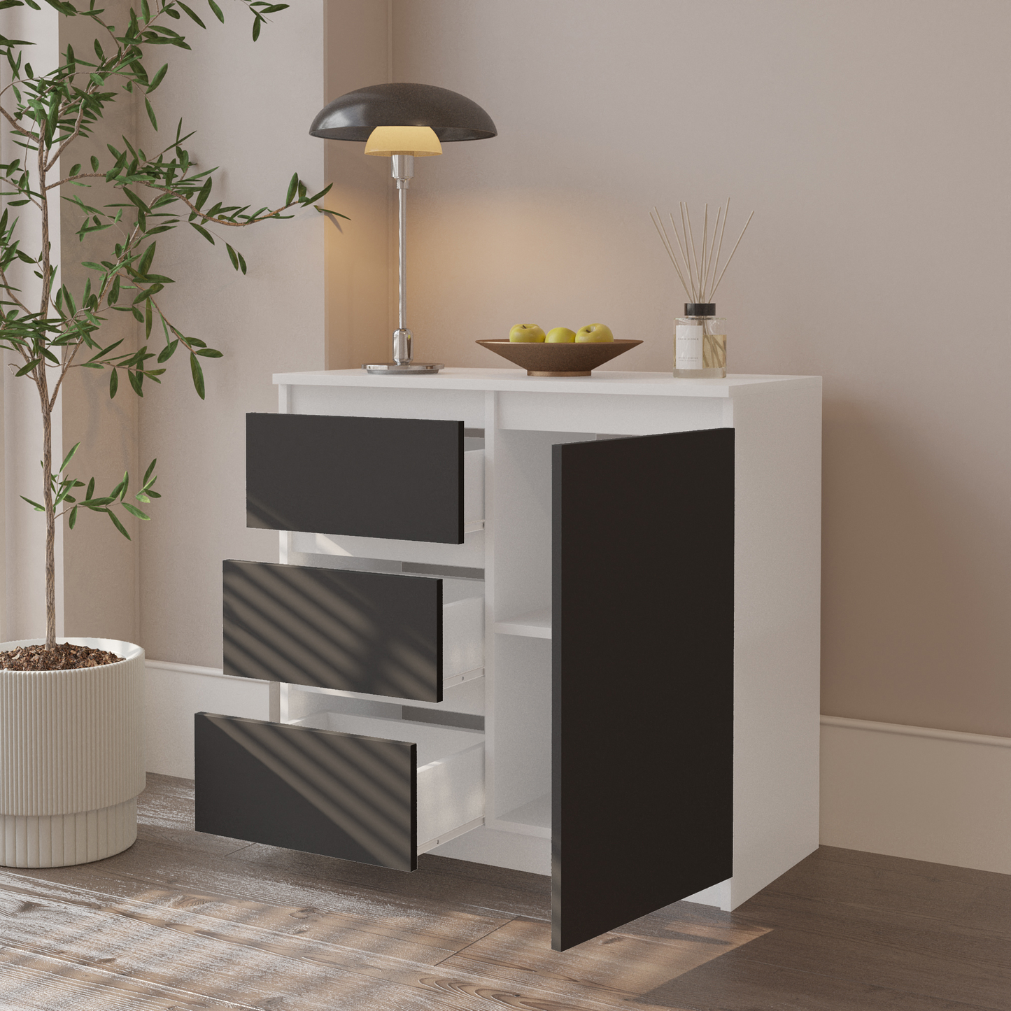 MIKEL - Kommode / Sideboard mit 3 Schubladen und 1 Tür - Weiß Matt / Anthrazit Grau