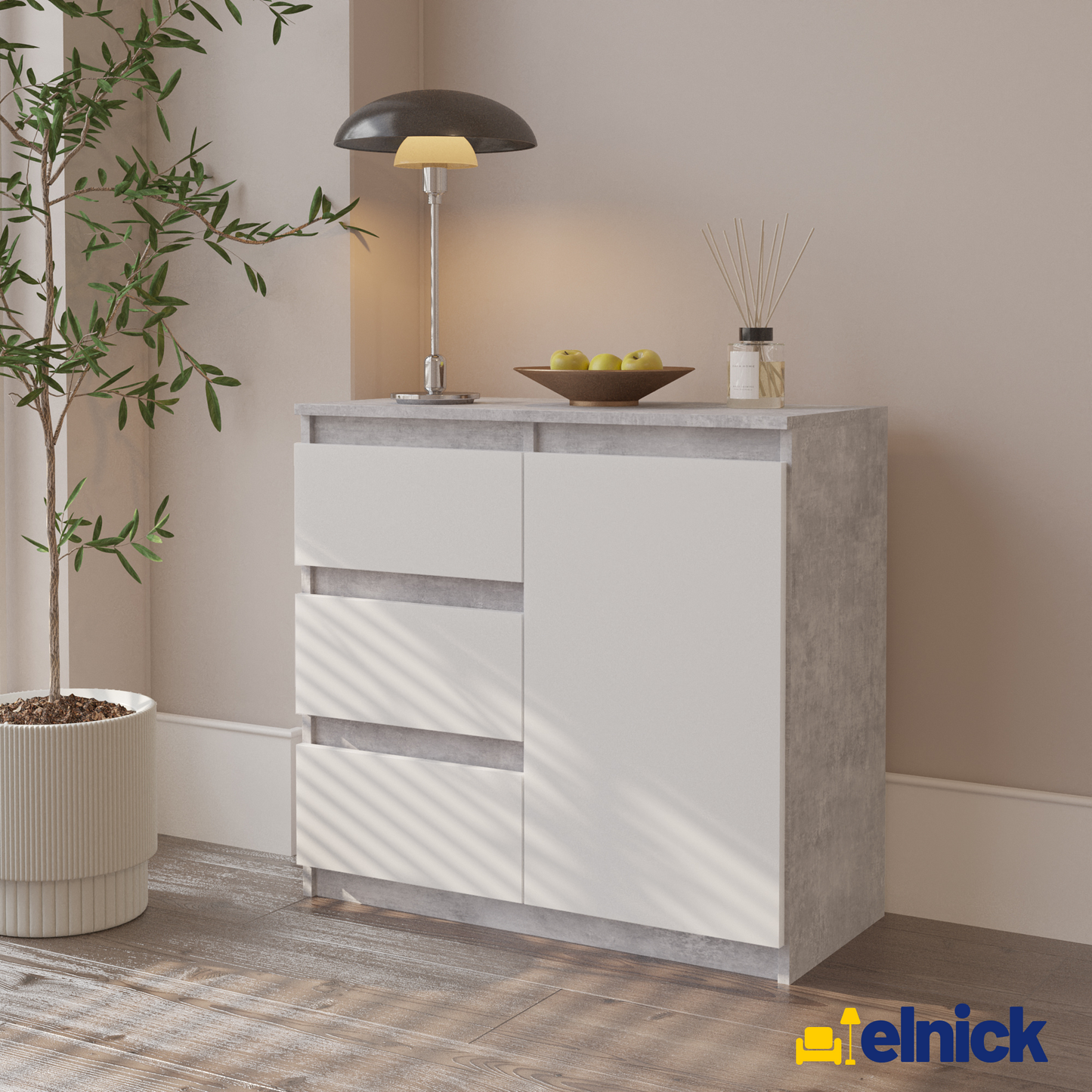 MIKEL - Kommode / Sideboard mit 3 Schubladen und 1 Tür - Beton-Optik / Weiß Matt