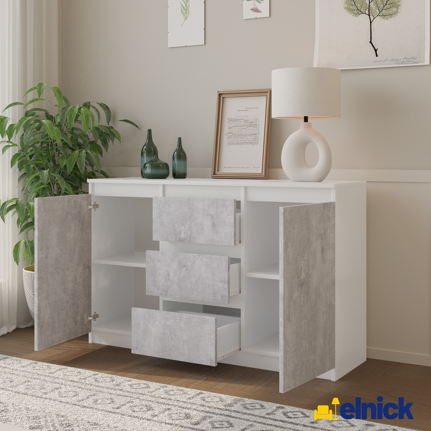 MIKEL - Kommode / Sideboard mit 3 Schubladen und 2 Türen - Weiß Matt / Beton-Optik