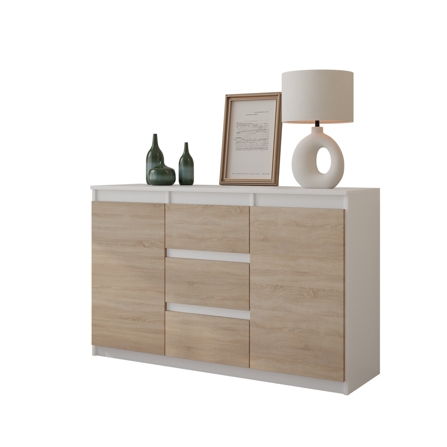 MIKEL - Kommode / Sideboard mit 3 Schubladen und 2 Türen - Weiß Matt / Sonoma Eiche