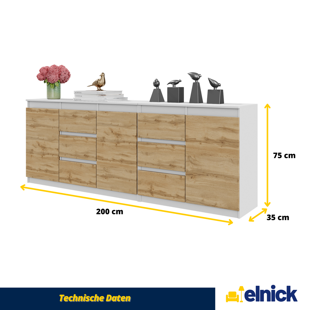Kommode 200cm 6S Weiß Matt/Wotan Eiche – MIKEL – Elnick