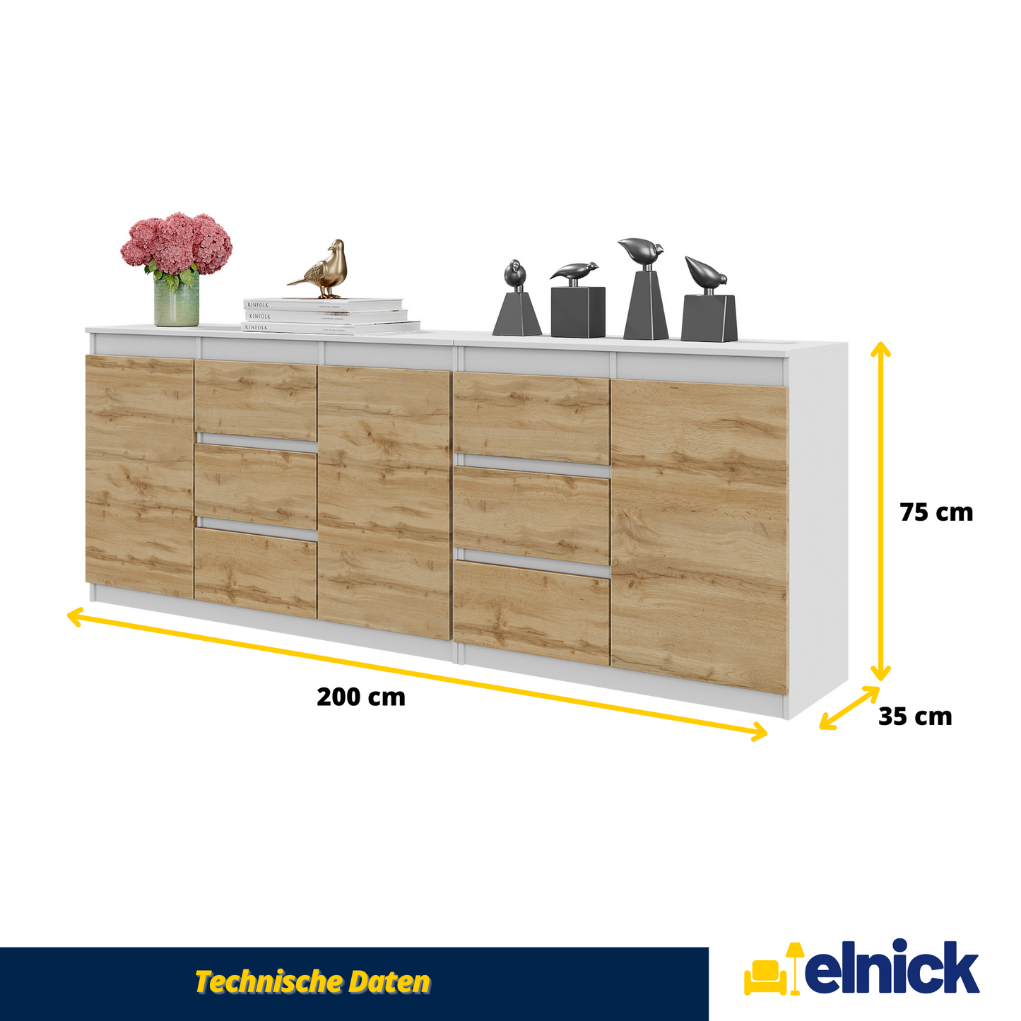 MIKEL - Kommode / Sideboard mit 6 Schubladen und 3 Türen - Weiß Matt / Wotan Eiche