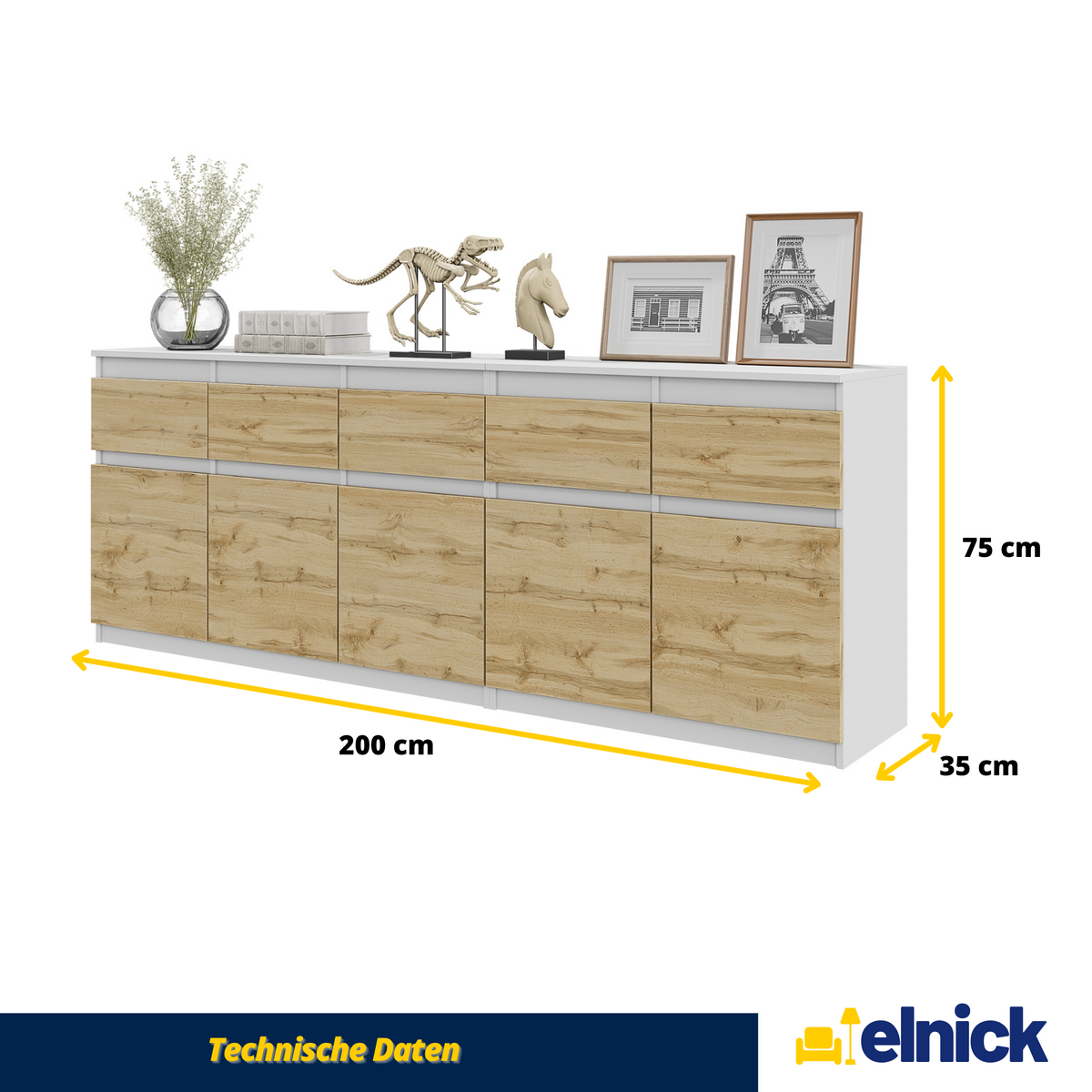 Kommode 200cm 5S Weiß Matt/Wotan Eiche – NOAH – Elnick