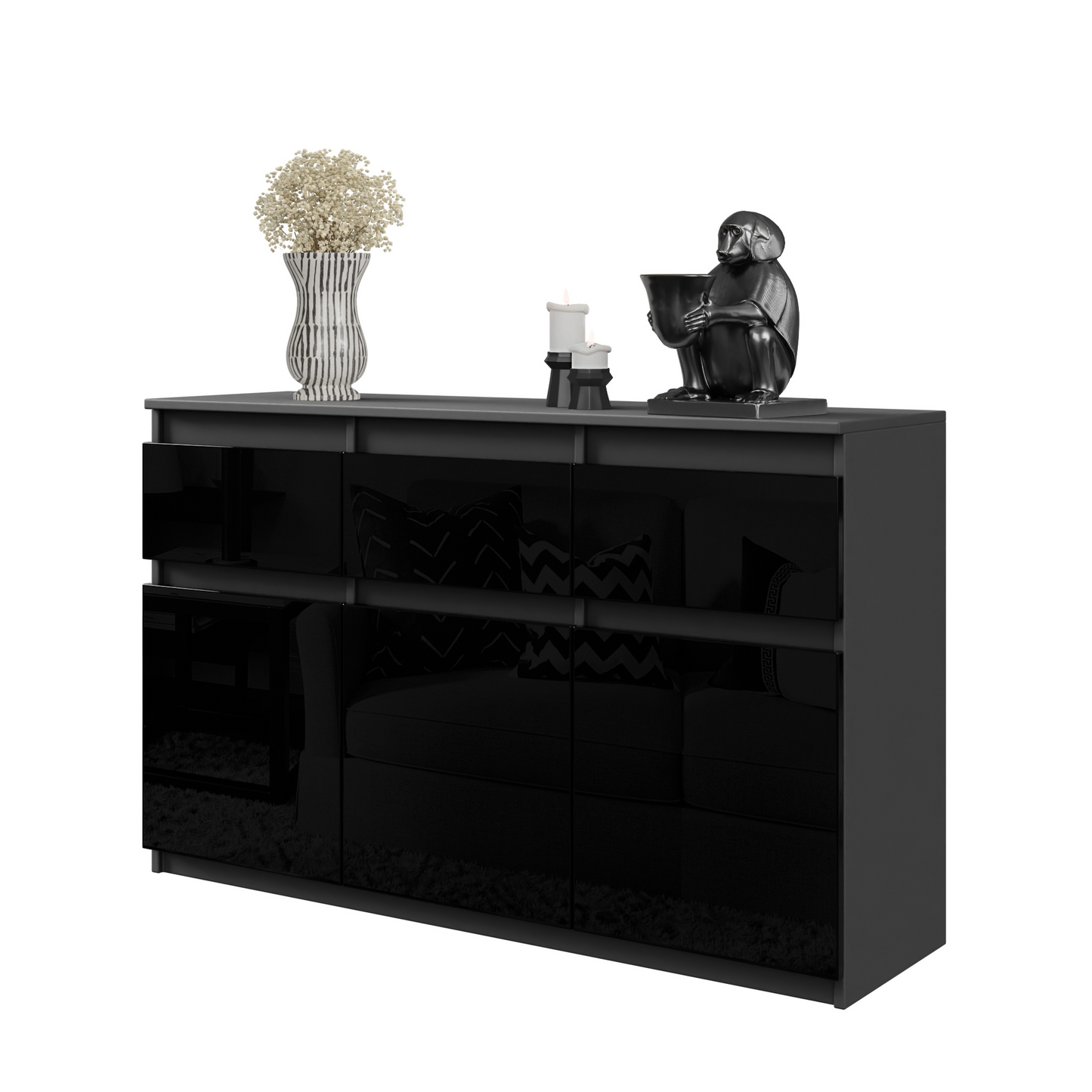 NOAH - Kommode / Sideboard mit 3 Schubladen und 3 Türen - Anthrazit Grau / Schwarz Gloss