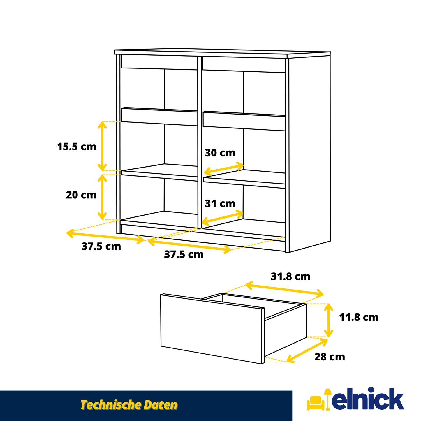 NOAH - Kommode / Sideboard mit 2 Schubladen und 2 Türen - Weiß Matt / Weiß Gloss