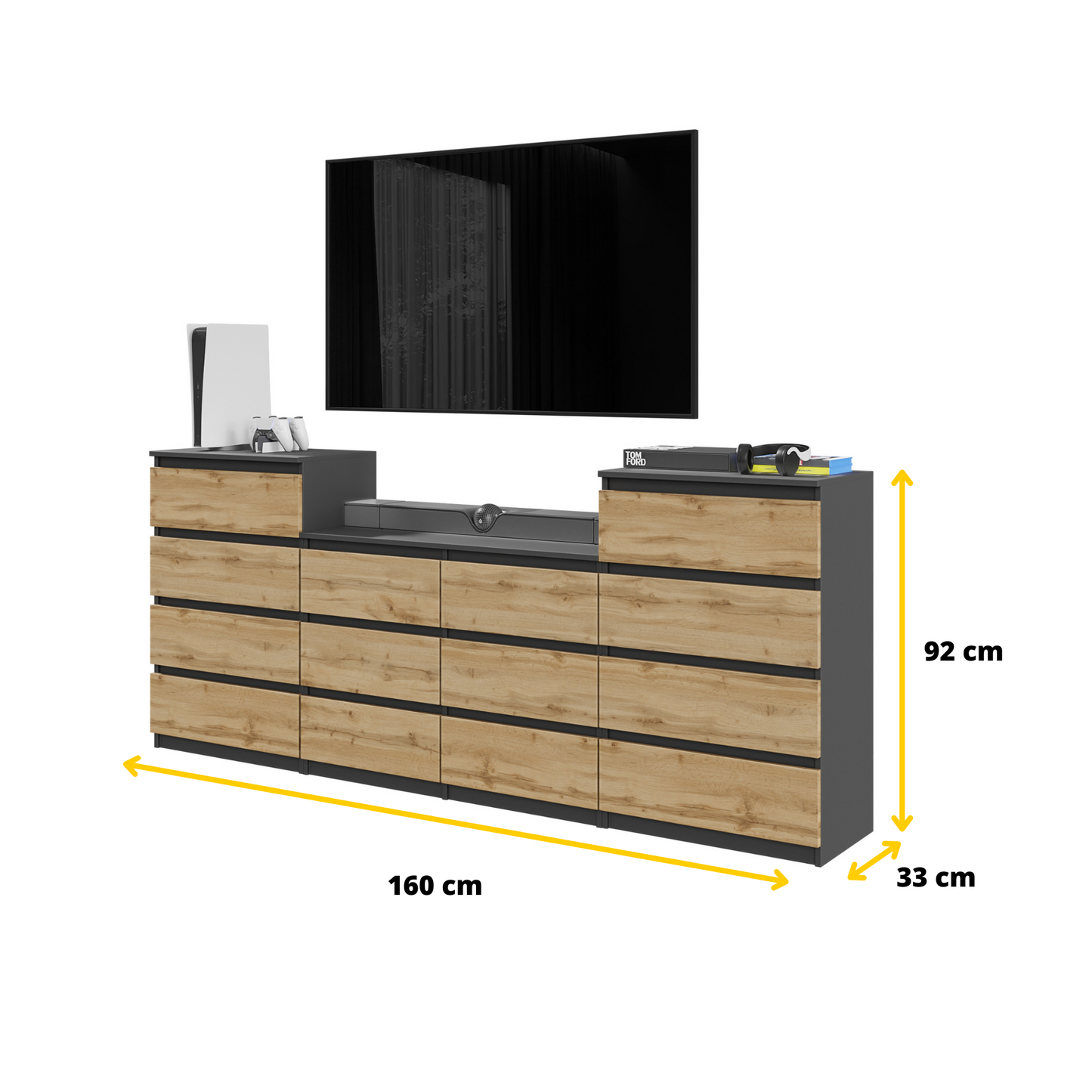 GABRIEL - Kommode / Sideboard mit 14 Schubladen (4+6+4) -  Anthrazit Grau / Wotan Eiche