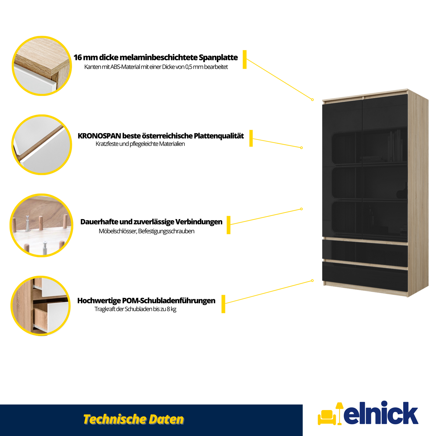 JOELLE - Kleiderschrank mit 2 Türen und 2 Schubladen - Sonoma Eiche / Schwarz Gloss