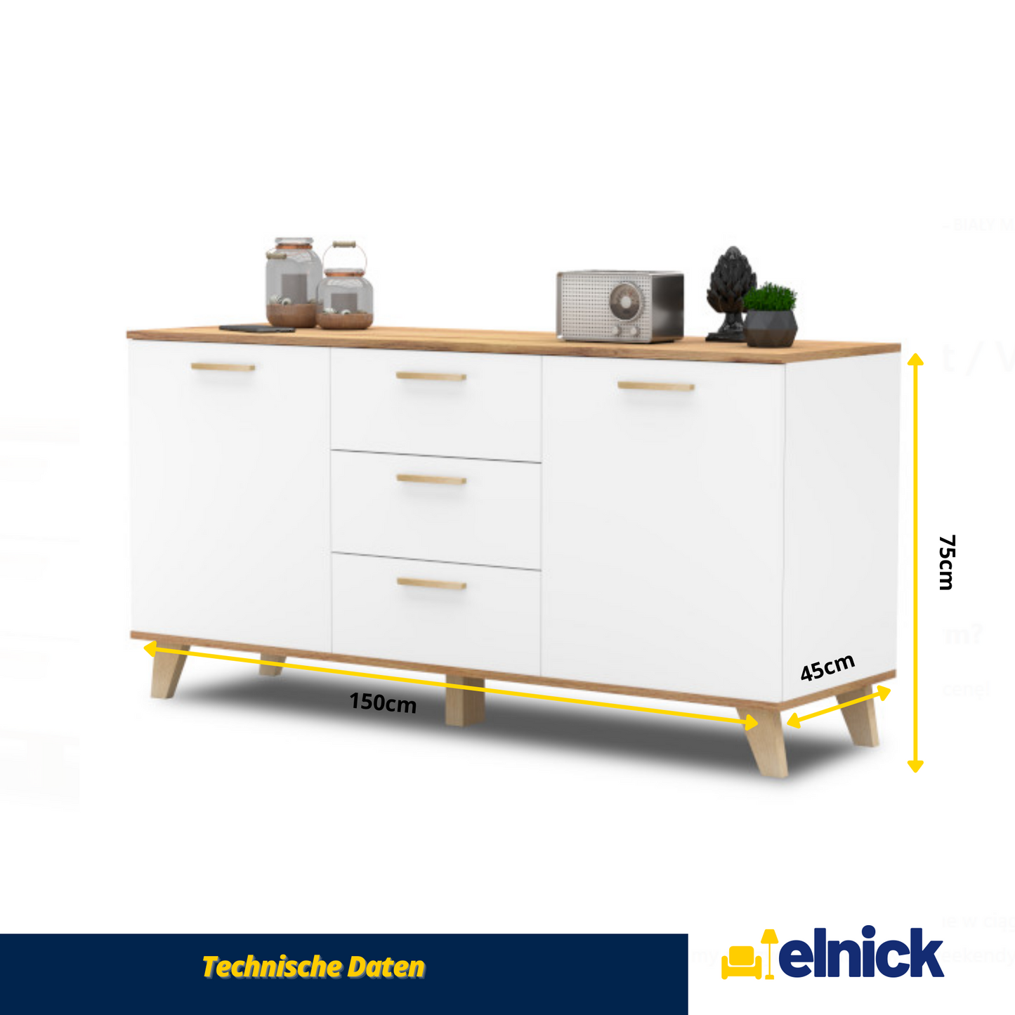 INGRID - Skandinavisch Kommode / Sideboard mit 3 Schubladen, 2 Türen - Weiß Matt / Wotan Eiche