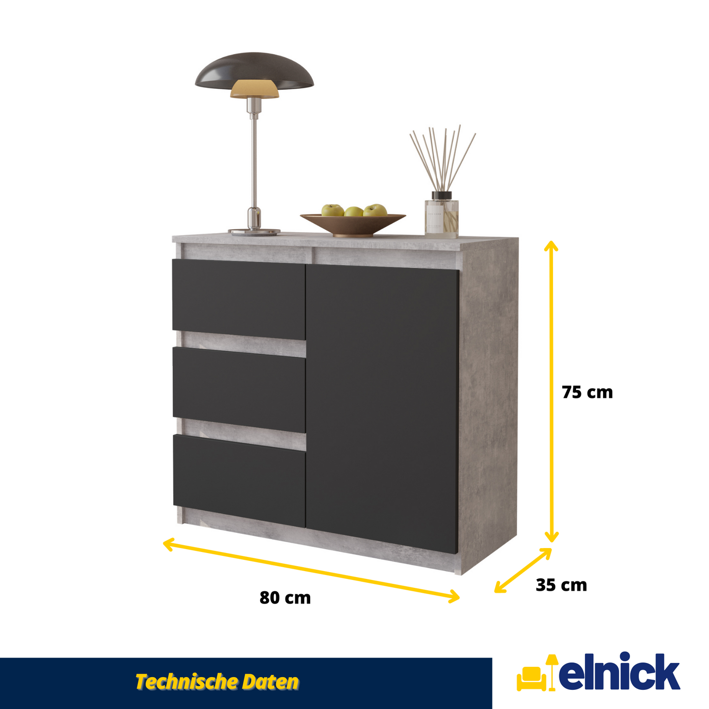 MIKEL - Kommode / Sideboard mit 3 Schubladen und 1 Tür - Beton-Optik / Anthrazit Grau