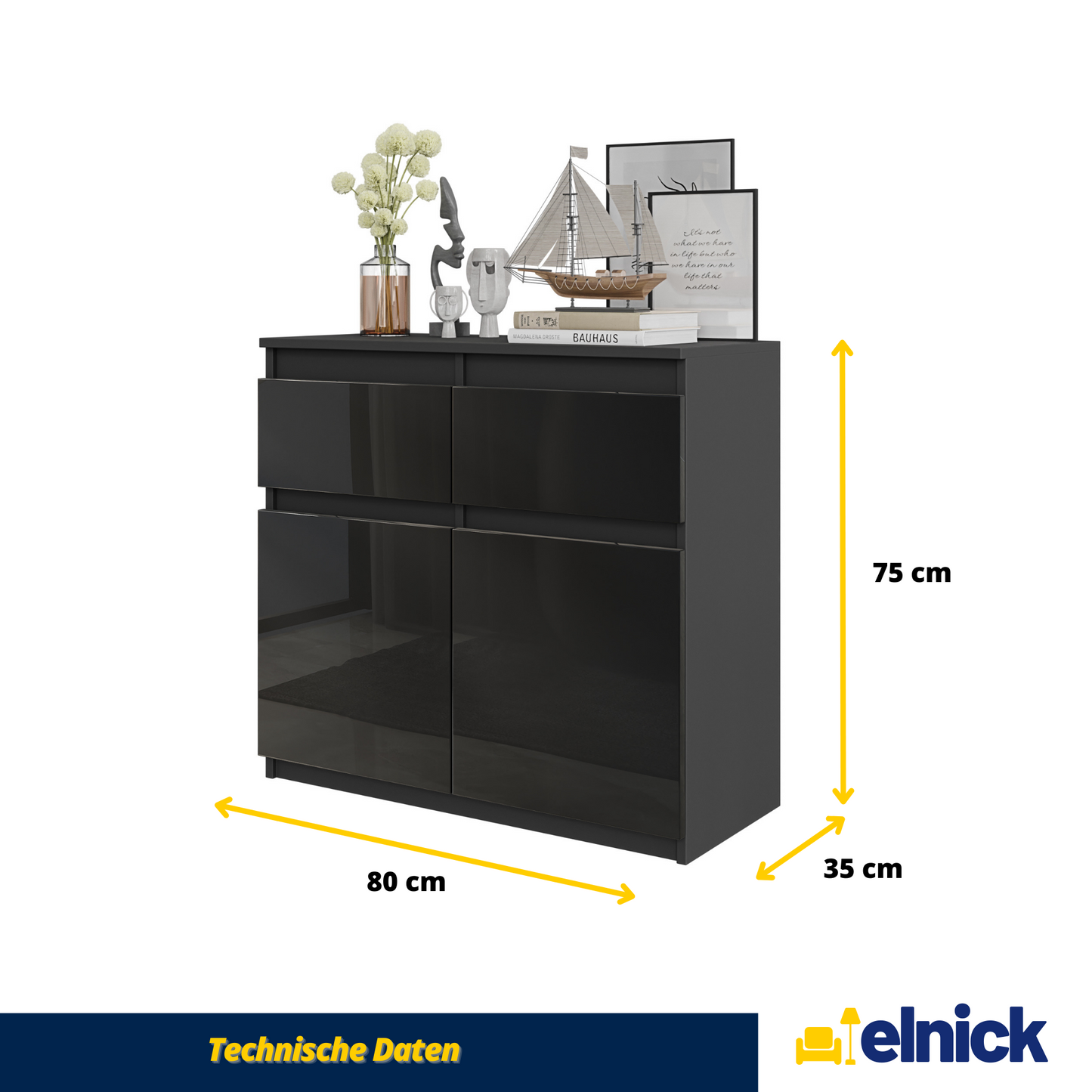 NOAH - Kommode / Sideboard mit 2 Schubladen und 2 Türen - Anthrazit Grau / Schwarz Gloss