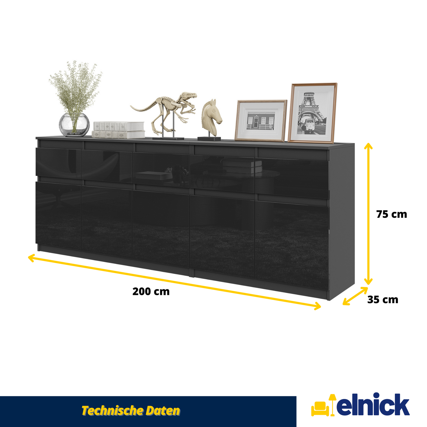 NOAH - Kommode / Sideboard mit 5 Schubladen und 5 Türen - Anthrazit Grau / Schwarz Gloss