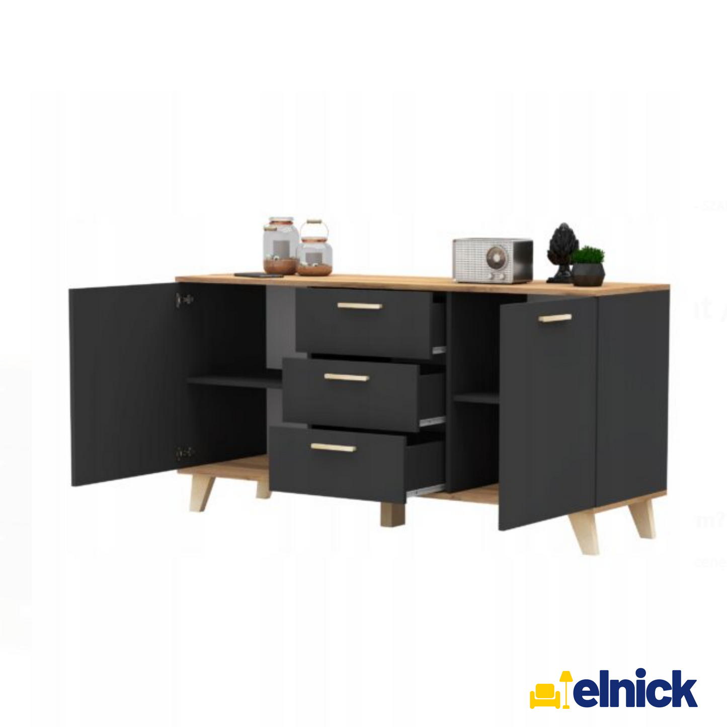 INGRID - Skandinavisch Kommode / Sideboard mit 3 Schubladen, 2 Türen - Anthrazit Grau / Wotan Eiche