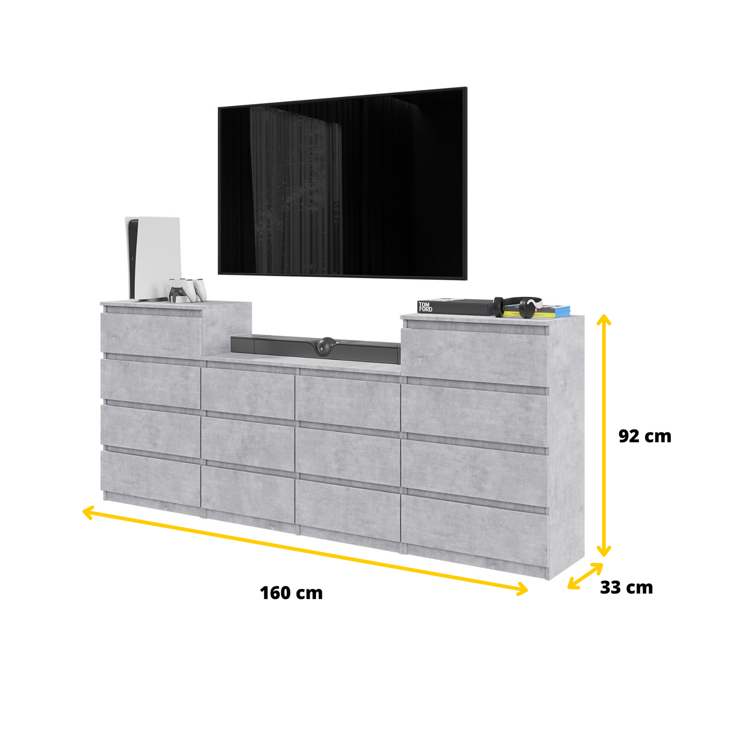 GABRIEL - Kommode / Sideboard mit 14 Schubladen (4+6+4) - Beton-Optik