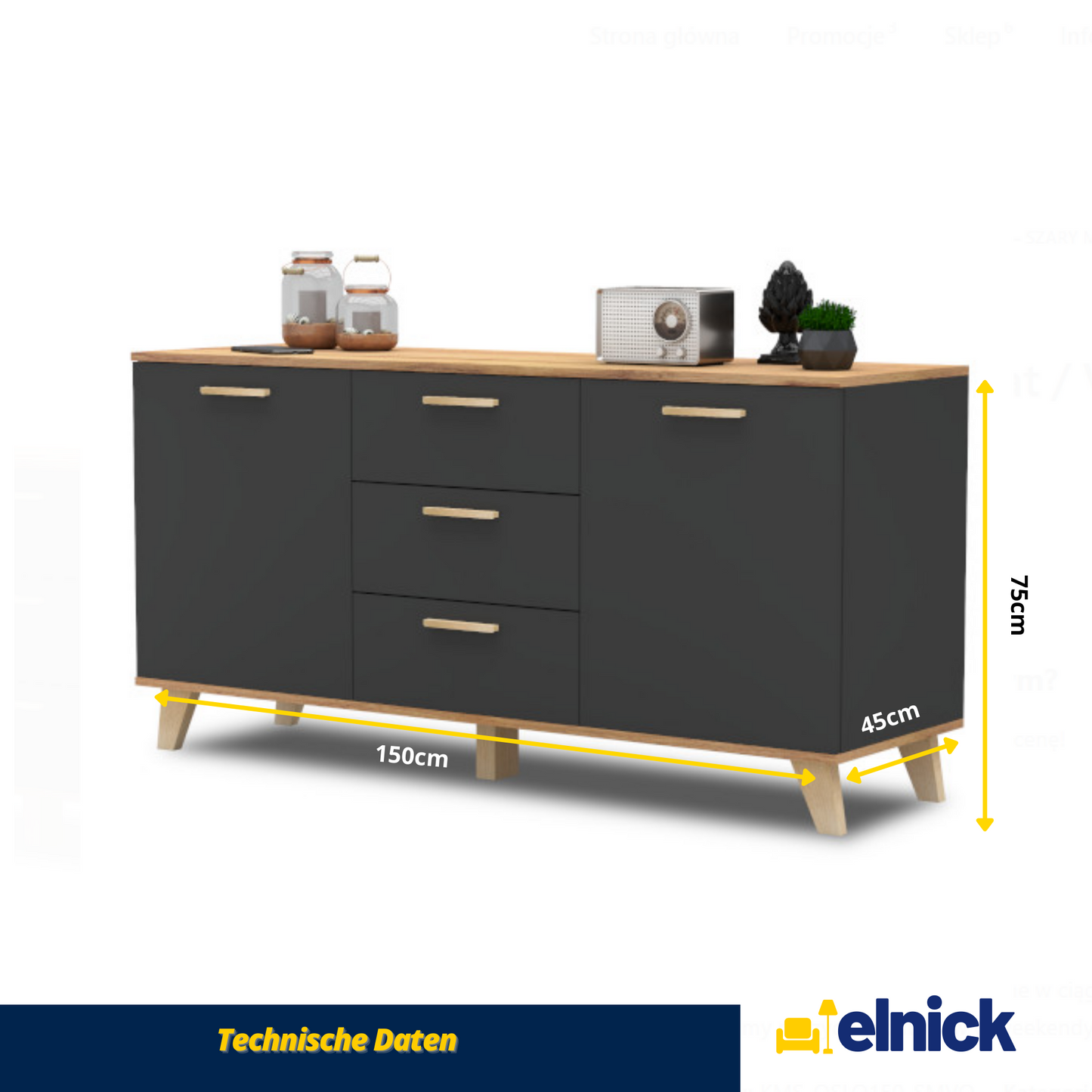 INGRID - Skandinavisch Kommode / Sideboard mit 3 Schubladen, 2 Türen - Anthrazit Grau / Wotan Eiche